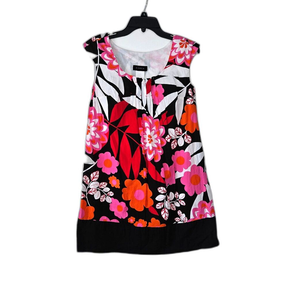 B. DARLIN Bright Bold Floral Pink Red Black Cotton Tunic Sleeveless Shirt 7/8
